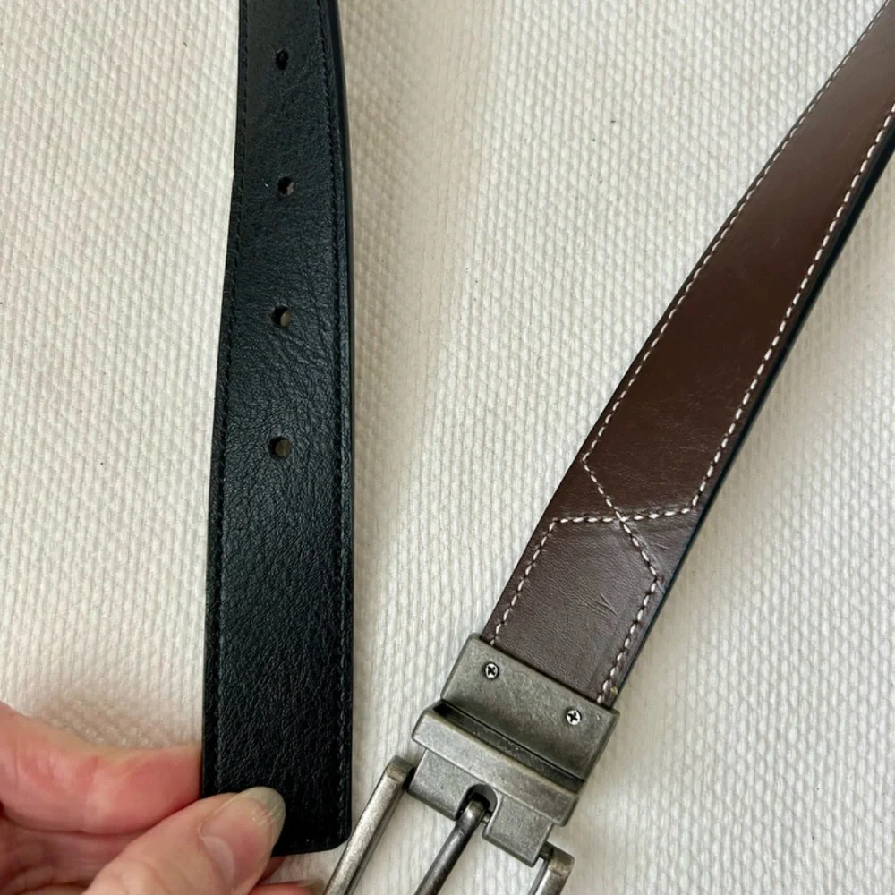 Belt Leather Reversible Black Brown Gray Brass Metal Buckle Kids Boys Unisex